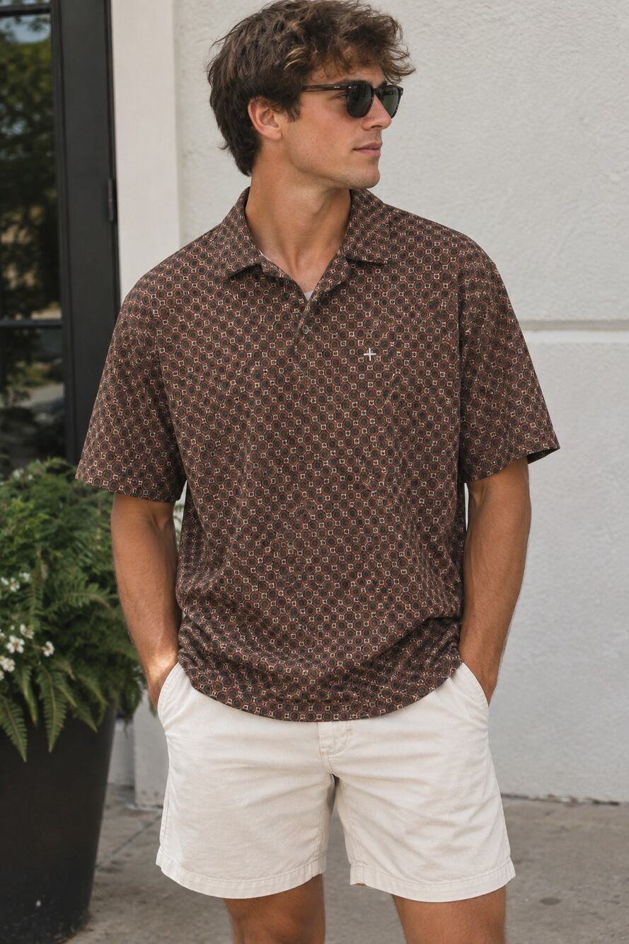 Express Men’s Brown Geometric Print Short Sleeve Polo Shirt